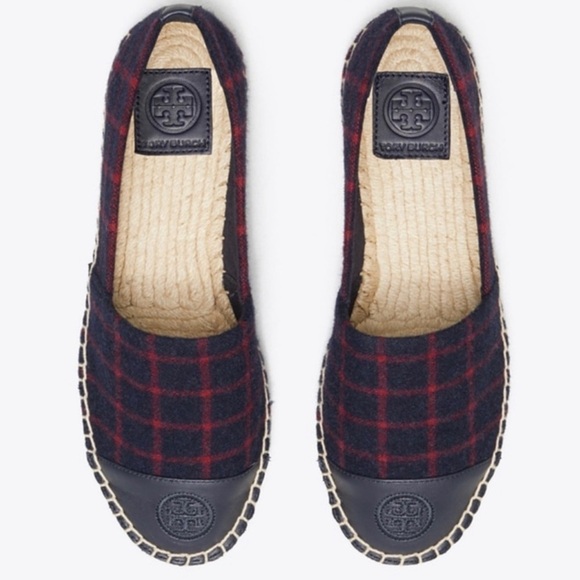 Tory Burch Shoe Espadrille Flat Plaid Check Wool Leather Holiday Blue Red 7.5 - Picture 1 of 13
